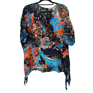 Dilemma Art to Wear Blouse Abstract Lagenlook Colorful Splatter Asymmetric Hem
